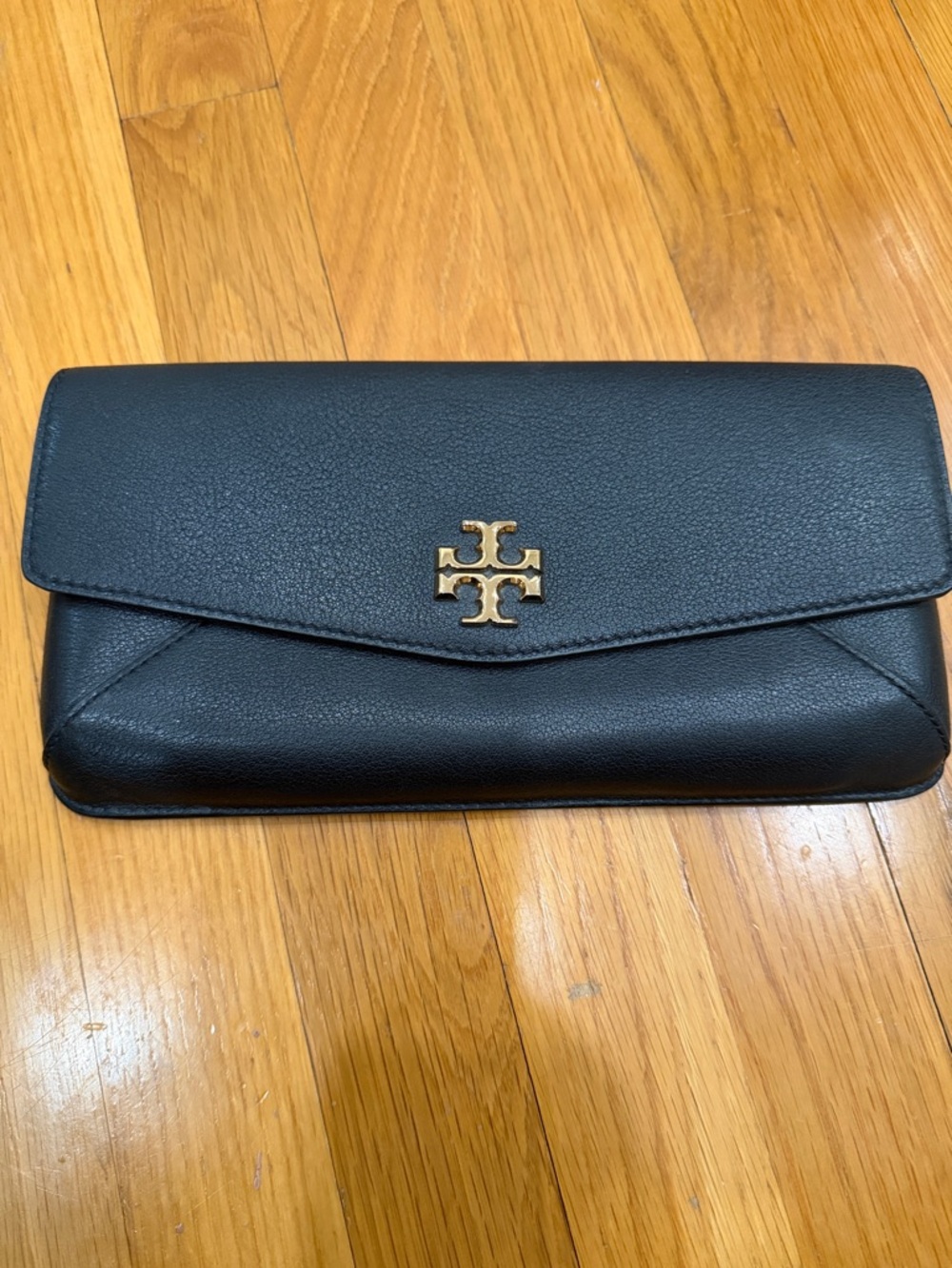 Tory Burch Black Leather Envelope Clutch with Gold Logo
